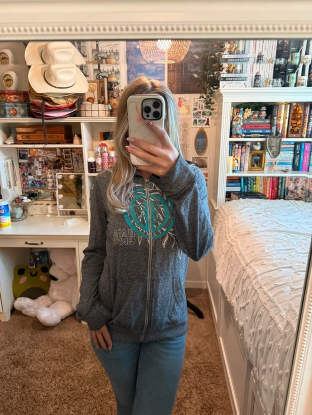 Element Eden Women's Gray Teal Floral Embroidered Full Zip Hoodie Size L Y2K